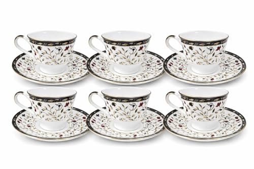 Image of Bone China Tea Cup & Saucer Set (6 Cups + 6 Saucers, 160 ml) | Floral Printed Designer Tea Set with Gold Rim | Premium Crockery for Home, Hotel & Gifting