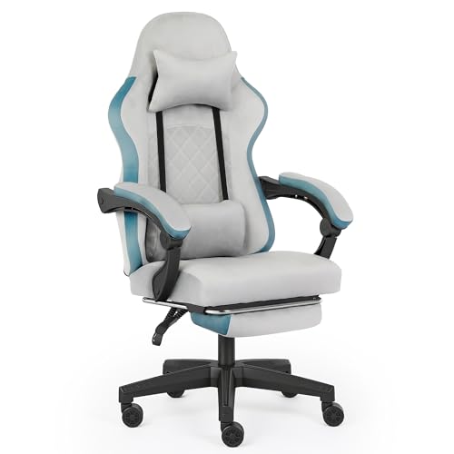 AUNEK Silla Gaming con Reposapiés y Soporte Lumbar, Reclinable hasta 140°, Tela Flannel Transpirable, Altura Ajustable, Cojín Cervical, Silla Gamer para Oficina y Hogar (Gris)