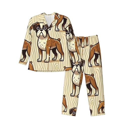 Mens Long Sleeves Pajama Set Boxer Dogs Wood Funny Cozy Two-Piece Loungewear For Nighttime Comfort,Casual Wear