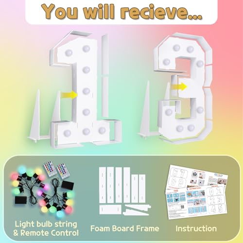 Image of Imprsv Colorful 4FT Marquee Numbers Light up Numbers 13 Birthday Decoration | RGB with Remote, Party Decorations Anniversary Wedding Decorations Assembly Required Foam Board 43 Pcs Accessory Set