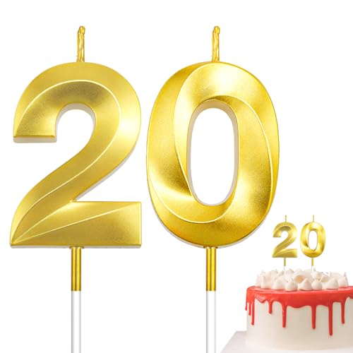 Vela de feliz cumpleaños, velas de 20 cumpleaños, velas de cumpleaños doradas, velas de número, vela de cumpleaños número 20 para pastel, vela de pastel de cumpleaños para decoraciones de boda de