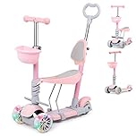 5-in-1 Kids Scooter, 3 Wheel Height-adjustable Kick Scooter, with Removable Seat & Push Handle, LED Light Up Wheels for children boys girls (Light Pink)
