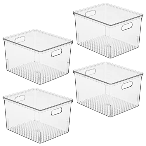 Mdesign Large Plastic Stackable Bathroom Cabinet Storage Bin Box With Handles/Lid, Drawer Stacking Organizer For Soap, Lotion, Towels, And Accessories, Ligne Collection, 4 Pack, Clear #TOP7