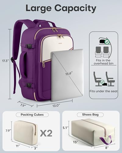 Image of HOTOR Travel Backpack for Women - TSA-Friendly Travel Bag with Multiple Compartments & 3 Packing Cubes, Water-Resistant & Comfortable, Perfect for Travel Essentials, Dark Purple, 17.3 inch x 13.0 inch x 7.9 inch