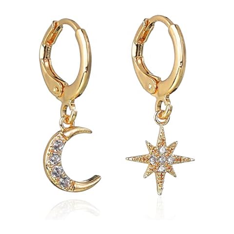 TIANBANGSHI Fashion Star Moon Drop Dangle Hoop Earring Sparkling CZ Asymmetrical Cute Cartilage Huggie Earrings Gifts Jewelry for Women, Zinc, np Cover