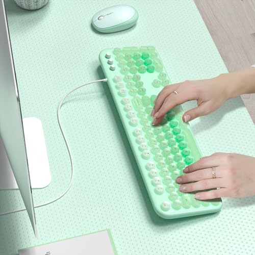 Image of MOFII Backlit Keyboard Wired, Retro Typewriter Keyboard with Illuminated LED, Cute Full Size Computer Keyboards Plug and Play for PC Laptop Desktop - Light Green