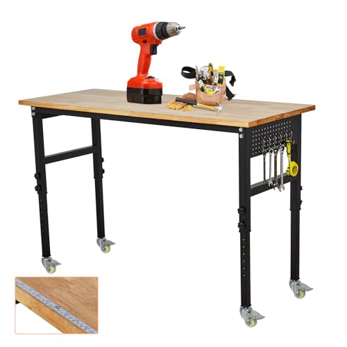 60'' Adjustable Workbench with Power Outlet & Scale,29"-40" Height Adjustment Rolling Mobile Workbench,2000 Lbs Load Capacity Rubber Wood Workstation,Heavy Duty Work Table,for Garage,Workshop