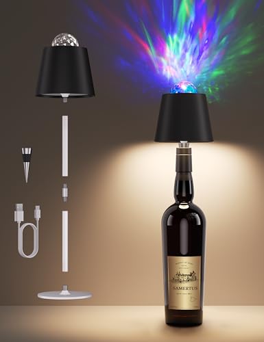 Joyzy Table Lamp with Projector Lighting, Wireless Wine Bottle Lamps Rechargeable Wine Bottle Lights Water Wave Ripple Projection Liquor Bottle Room Decoration Light Ambient for Bar Restaurants