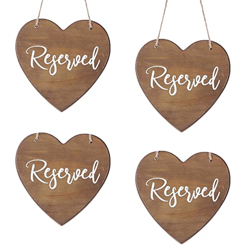 BAYSBAI Hanging Reserved Signs Pack of 4, Heart-Shaped Wooden Reserved Signs for Wedding Chairs with Jute Rope to Hang on Church Pews, Seating, Doorways, Aisles, Rows for Parties, Receptions