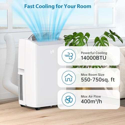 Image of 14000 BTU Portable Air Conditioners, 3-In-1 Unit Offers Fast Cooling, Dehumidification, Three-Speed Fan for Rooms Up to 750 Sq. Ft, with a 24-Hour Timer, Remote Control, and Operates Quietly