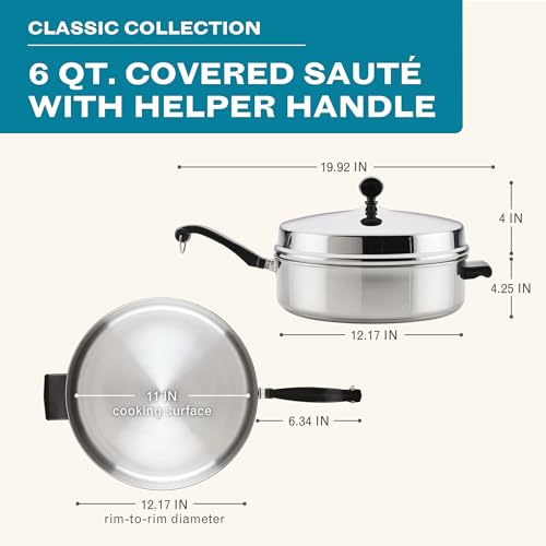 Image of Farberware Classic Series Anniversary Edition Stainless Steel Saute Pan and Lid with Helper Handle, Induction Suitable, 6 Quart Jumbo Cooker, Metal Utensil Safe - Stainless Steel