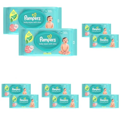 Image of Pampers Baby Gentle Wet Wipes with Lid 144 Count (72 X Pack of 10) | with Aloe Vera and Vitamin E | 97% Pure Water | Paraben free | Combo Pack