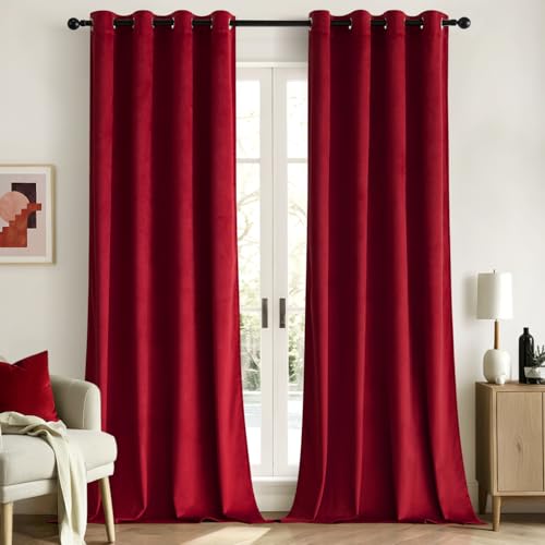 Woaboy Cortinas opacas de terciopelo con ojales, opacas para salón, cortinas térmicas, insonorizantes, dormitorio, juego de 2 unidades, 140 x 245 cm (ancho x alto), color rojo