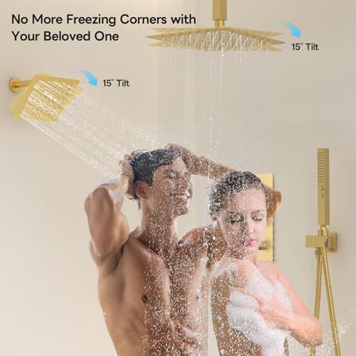 Image of Thermostatic Dual Shower System Brushed Gold,Push Button Diverter Rainfall Shower Faucet Set with 2 in 1 Handheld Spray,12'' Ceiling Mount and 6'' Wall Mount Rainfall Shower System