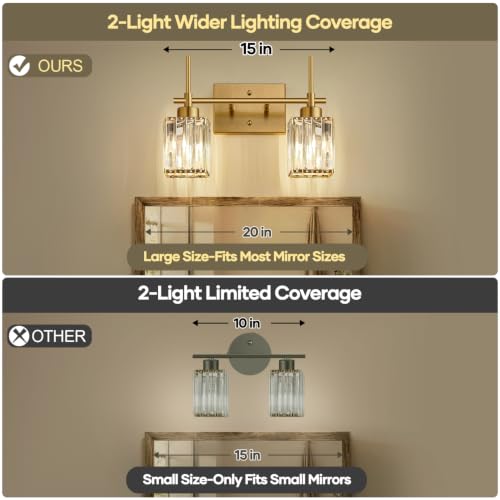 Image of Torondo Modern Crystal Bathroom Vanity Light 2-Lights Brushed Gold Bathroom Light Fixtures Over Mirror Brushed Gold Vanity Lighting Fixtures Square Shade Wall Sconce (Bulbs Not Include)