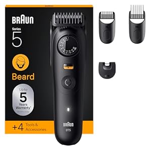 Braun Barttrimmer Series 5, Elektrischer Bartschneider Herren mit 4 Zubehörteile, Ultrascharfe ProBlade Klinge, 120 Min Akkulaufzeit, Kabelloser Bartrasierer, 40 Längen, Wasserdicht, BT5520, Schwarz