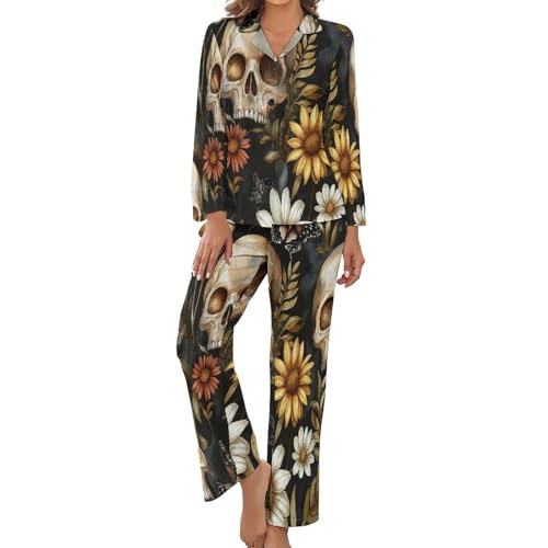 Ensemble de pyjama de revers imprimé fleurs de crâne élégant