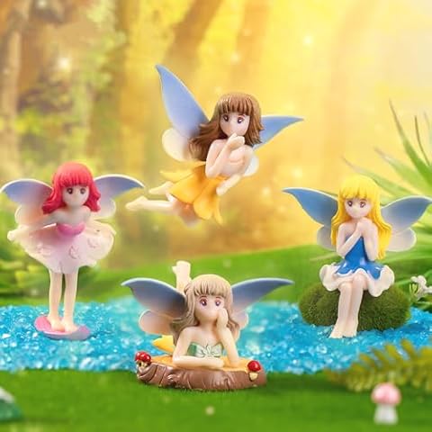 LONCESS Small Fairy Figurines, Miniature Fairy Garden Accessories for Fairy Garden, Birthday Cake Topper, Flower Pot, Home Decoration,Girl Fly Wing Figurines for Car Decor, 4 Pieces Cover