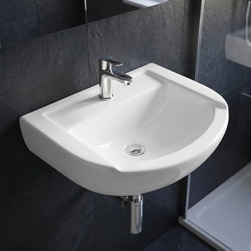 Image of WASSMIST Wash Basin | Wall Hung Wash Basin for Bathroom with 10 Year Glaze Warranty | Premium Ceramic Semi Round Basin with Tap Hole (18.5 X 14.4 X 7 Inch)