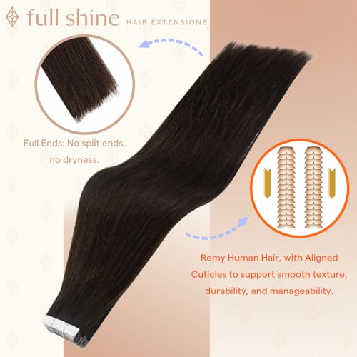 Image of Full Shine Human Hair Extensions Tape in, Darkest Brown 20 Inch | 50g 20PCS, Straight Seamless Skin Weft Tape in Extensions Real Human Hair, Glossy Finish Long-Lasting Styling Add Length