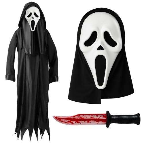 Kids Ghost Face Costume with Ghost Face Mask, Blood Filled Fake Knife Prop, Black Hooded Robe Kids Halloween Costumes for Boys - Screamer Horror Mask, Bloody Knife and Black Robe Boys (10-12 Years)