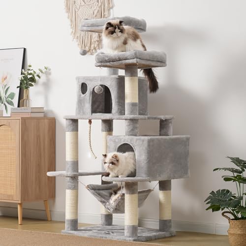 Hey-brother Large Multi-Level Cat Tree Condo Furniture with Sisal-Covered Scratching Posts, 2 Bigger Plush Condos, Perch Hammock for Kittens, Cats and Pets Light Gray MPJ020W - Image 3