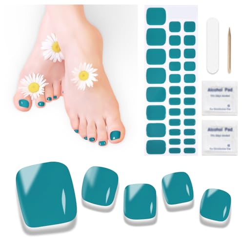 Semi Cured Gel Pedicure Strips - 32pcs Ocean Green Toenail Stickers Full Nail Wraps for Women Girls Gel Toenail Strips Works with Any UV Lamps