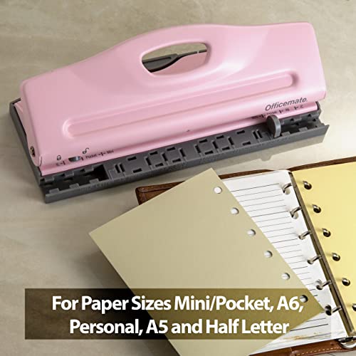 Officemate Adjustable 6-Hole Punch For Planners And Binders, 8 Sheet Capacity, Pink (90161) #TOP6