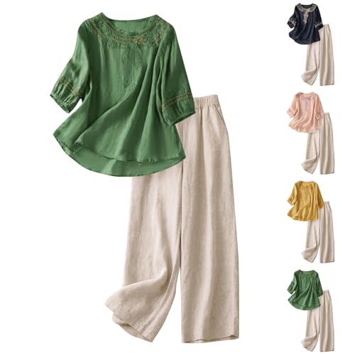 Womens 2 Piece Summer Cotton Linen Outfit Set