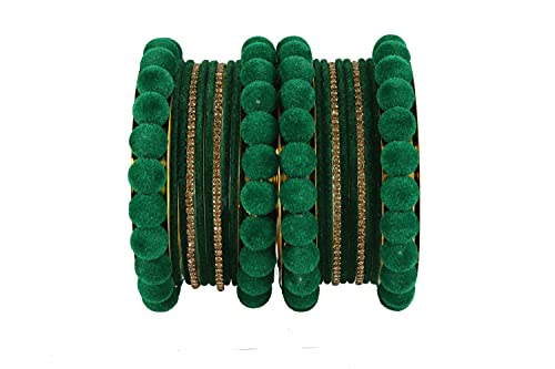 Image of NMII Stylish Metal with Golden Zircon Stone & Velvet Balls Bangles Set For Women and Girls | Fancy Designer Bangles | Short Velvet Chuda Set | Women's Fashion Jewellery