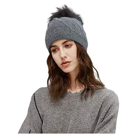Lawevan Twill Knitting Wool Beanies Double-Layered Thick Beanies with Detachable Fur Ball Beanies Grey Cover