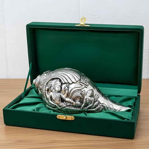 Image of Silver Plated Vishnu Lakshmi Shankh - 7 Inches Antique Finish Decorative Conch Shell with Detailed Religious Engravings - Auspicious Vastu Pooja Item for Home Mandir - Ideal Spiritual Gift