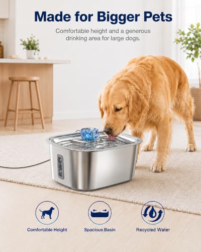 Image of PETNF 3-Gallon Stainless Steel Dog Water Fountain for Large Dogs, Dog Water Bowl Dispenser with 2 Filters, Visible Water Window, Quiet Pump & LED Low-Water Indicator