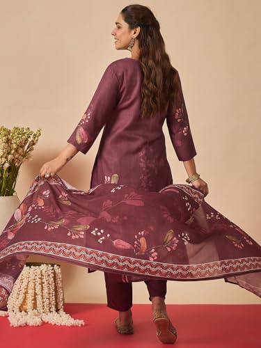 Image of INDO ERA Women's Linen Floral Printed Straight Calf Length Kurta & Pant with Dupatta Set (IESTR12259)