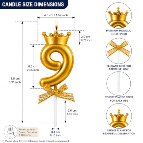 Image of Number 9 Unscented Candle with Crown for Birthday, Wedding, Engagement, Valentines Day Celebration, Bachelorette Cake Topper for Decoration 1 pc, Gold