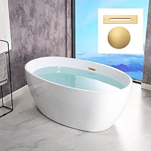 WOODBRIDGE 55″ Acrylic Freestanding Bathtub Contemporary Soaking White Tub with Brushed Gold Overflow and Drain,B1418-BG