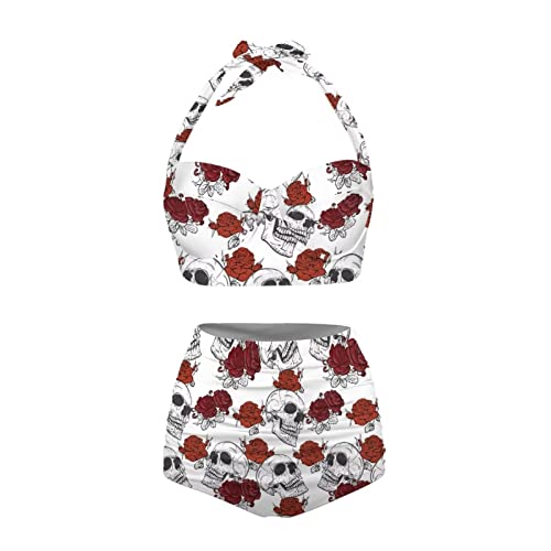 Howilath Maillot de bain 2 pièces avec tête de mort et fleur de rose - Confortable - Pour femme,...