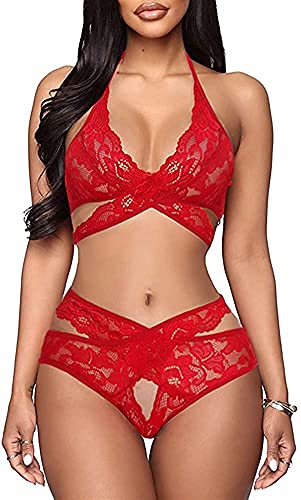 Donnalla Women Sexy Lingerie Set Two Piece Lace Bra and Panty Set Babydoll Sleepwear, Bright Red, Medium