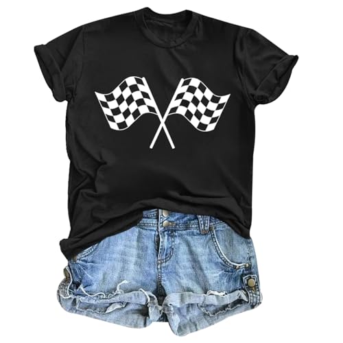 Checkered Flag Graphic Shirt for Women Racing Shirt Race Car Lover Shirts Race Day Casual Summer Tops Short Sleeve