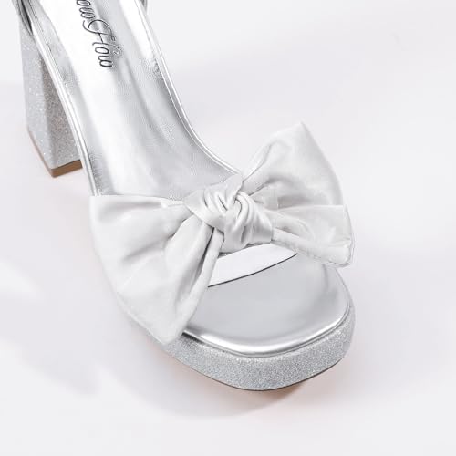 Mofri Showhow Platform Chunky Heels Women's Chunky High Heel Sandals Ankle Strap Open Toe Pump Bowknots Wedding Sandals for Wedding Bridal Party4