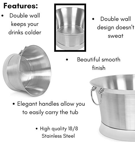 Birdrock Home Double Wall Round Beverage Tub - Stainless Steel - Ice Bucket - Metal Decorative Drink Cooler - House Party - Handles Small Container - Large #TOP4