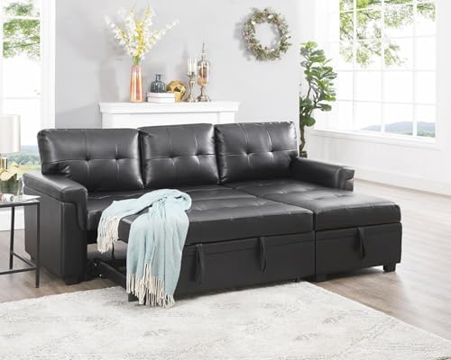 Panana 3 Seater Corner Sofa Bed, Fabric Couch Corner Sofa with Universal Corner Storage Chasie Modern Sofa for Living Room Office Lounge (Black Leather Like Fabric, 3 Seater)