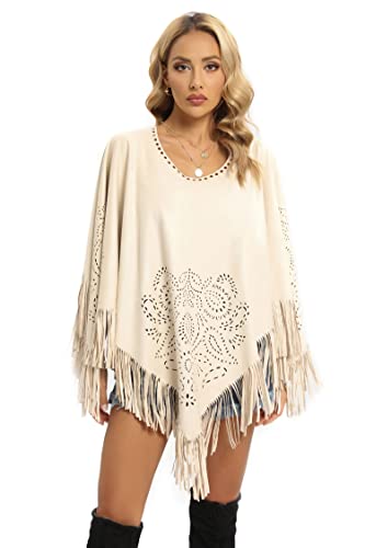 Datangep Fashion Women's Faux Suede Laser Cut Triangle Stoles Cape Shrug Scarf With Tassel Shawls