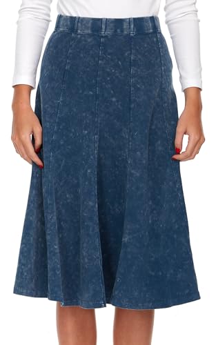Women's/Teens Stonewash Cotton Flared Midi Skirt – Denim Look, Elastic Waist, Panel Design, 27” Length