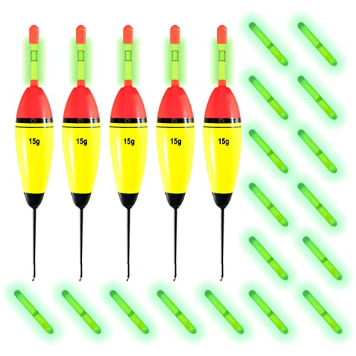 Alwonder 5 Pack EVA Foam Fishing Glowing Floats, with 15 Pack Glow Sticks, Luminous Slip Bobbers Oval Stick Floats Slip Bobbers for Crappie Trout Panfish Walleye Barsch, Auftrieb 1/2 oz Cover