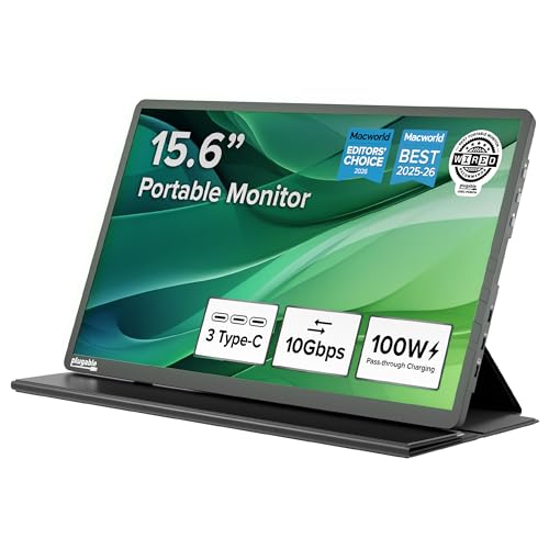Image of Plugable 15.6 inch USB-C Portable Monitor with 100W Pass-Through Charging | 2X USB-C 10Gbps Hub | FHD 1920x1080 IPS Display for Mac, Windows, iPad, Smartphone | 1.85lbs, Travel Cover /Stand Included