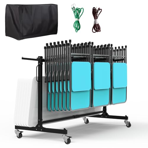 Eastrexon Folding Chair Rack, Heavy-Duty Folding Chair Cart with Swivel Wheels, 600 LBS Capacity for 12 Tables or 42 Chairs, Chair and Table Cart w/Dust Cover and 2 Binding Ropes, 72”L x 33”W x 42”H