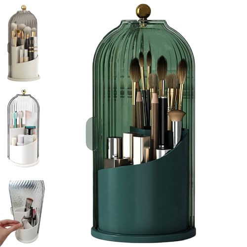 Concealed Toothbrush Holder Rotating Bathroom Organizer Countertop Toothbrush Holders with Cover Bathroom Counter Organizer with Covered Makeup Brush Holder (1pcs Green)