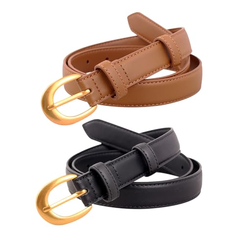 Women's Belts 2 Pack Leather Waist Belt for Jeans Dresses Pants Fashion Ladies Belt with Gold Buckle3