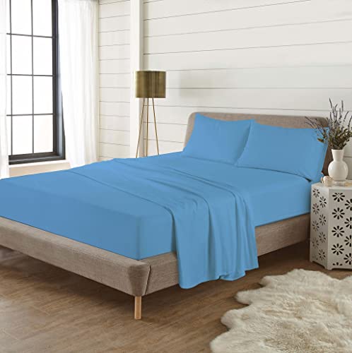 EXQUIZIT HOME Parure de lit double en flanelle 100 % coton brossé avec drap-housse, drap plat et 2 taies d'oreiller assorties Bleu